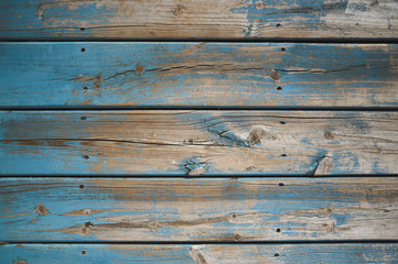 Weathered Vintage Grunge Wood Background Texture with  Aqua Blue Peeling Paint on Wooden Porch. Antique, Retro Pattern