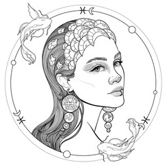 black and white girl portrait zodiac sign Pisces astrology horoscope
- 346534834