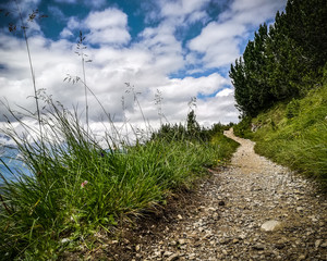 Dramatic close-up view of narrow gravel trekking trail, grass across mountain peak