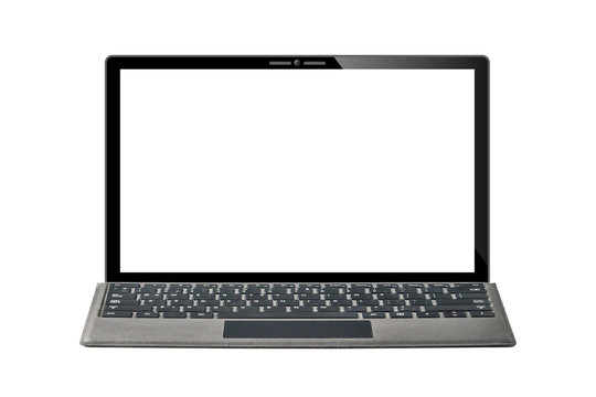 Laptop computer isolated with empty screen and keyboard. slim laptop for portable for work from home or office . on white background [Clipping path].