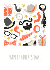 Fathers Day greeting card template with a set of men's accessories and gifts