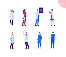 Medical professional people team concept. Vector flat person illustration set. Caucasian. Group of male and female doctor in coat, mask and glove. Design for banner, web, infographic