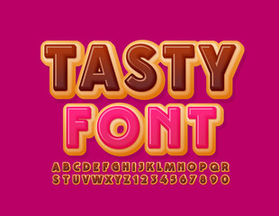 Vector Tasty Font. Pink Glazed Alphabet. Sweet Donut Letters and Numbers