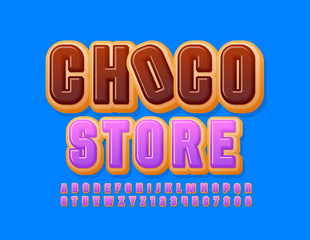 Vector sweet logo Choco Store with Glazed Donut Font. Tasty Cake Alphabet Letters and Numbers