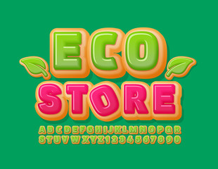 Vector sign Eco Store with decorative Leaf. Green Donut Font. Sweet Alphabet Letters and Numbers