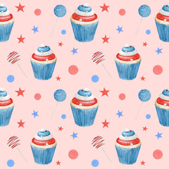 Watercolor Seamless pattern Fourth of July with cupcakes and sticks