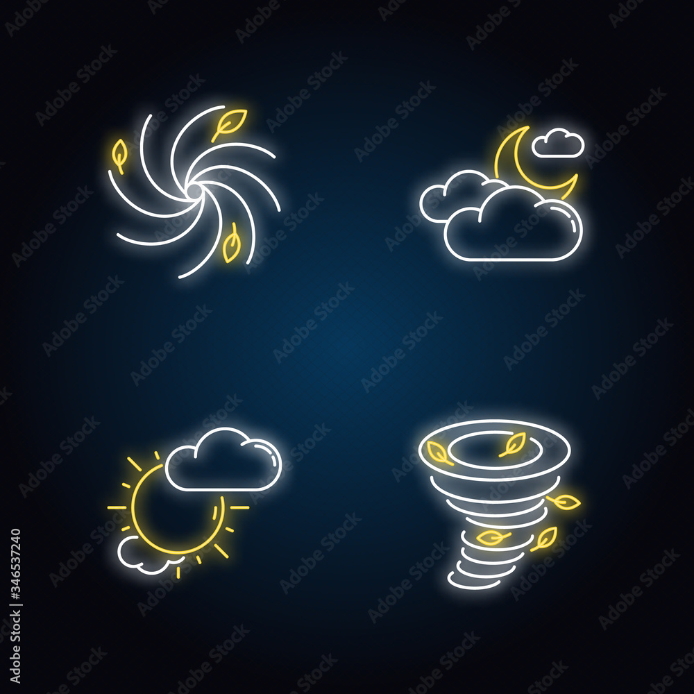 Poster meteorological warning neon light icons set. bad weather forecast signs with outer glowing effect. c
