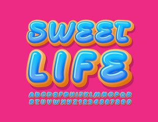 Vector creative poster Sweet Life with Tasty Font. Blue glazed Donut Alphabet Letters and Numbers