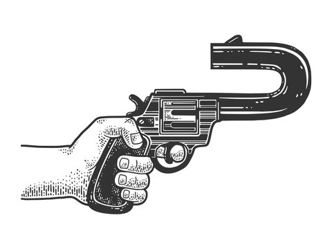 absurd revolver with a curved barrel pointing back sketch engraving vector illustration. T-shirt apparel print design. Scratch board imitation. Black and white hand drawn image.