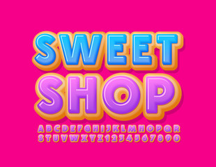 Vector bright logo Sweet Shop with Glazed Cake Font. Donut Alphabet Letters and Numbers