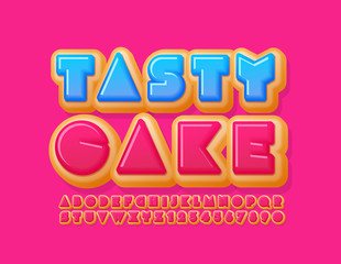 Vector bright Emblem Tasty Cake. Glazed Donut Font. Unique Creative Alphabet Letters and Numbers