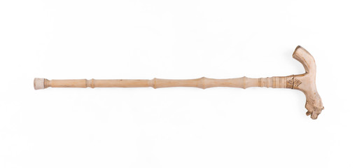 vintage wooden walking stick isolated on white background