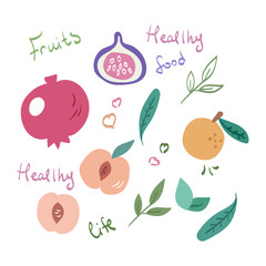 Vector doodle illustration with flat fruits in light colors isolated on white background. Cute healthy food sketched with hand written lettering. Decoration for food hall, wrapping paper, package.