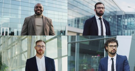 Collage of different classy office men in suits standing outdoors. Split screen of multiethnic persons posing on street. Male professionals of diverse racial groups posing outside. Portrait concept