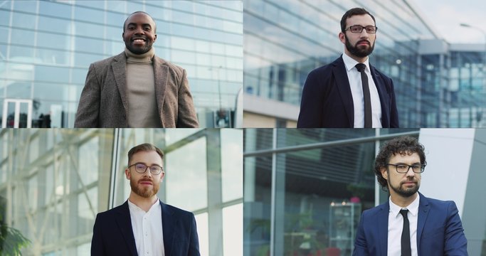 Collage Of Different Classy Office Men In Suits Standing Outdoors. Split Screen Of Multiethnic Persons Posing On Street. Male Professionals Of Diverse Racial Groups Posing Outside. Portrait Concept