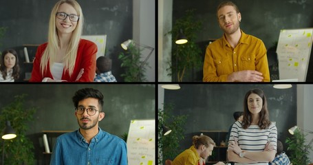 Compilation (montage) of different male and female office managers smiling to camera in cabinet. Collage of cheerful multiethnic workers at workplaces. Portrait of many employees at work. Job concept