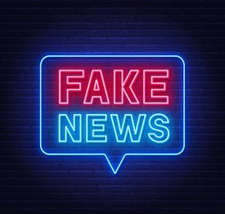 Neon fake news sign on brick wall background. Vector .