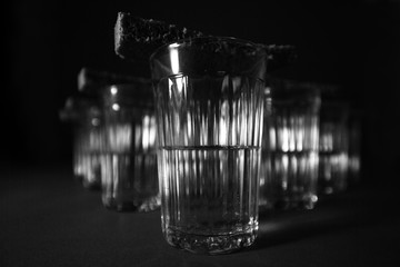 Glass of vodka with bread 14 black and white