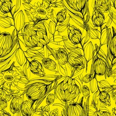Foto auf Acrylglas Muster mit Protea-Blume. manuelle Grafiken. Stilvolles Blumenmuster mit getrockneten Blumen, afrikanische Protea-Blume. Für Tapeten, Textilien, Wohnkultur, Verpackungen. Stock-Grafiken. isolieren © Катерина Ткаленко