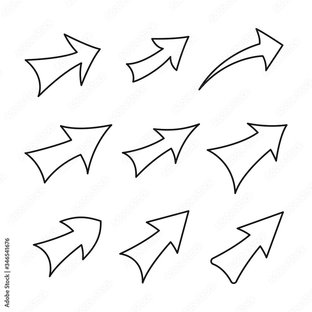 Wall mural set of vector curved arrows hand drawn. sketch doodle style. collection of pointers. editable stroke