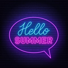 Obraz na płótnie Canvas Hello summer neon lettering on brick wall background .