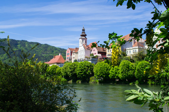 Frohnleiten beautiful old town in austria. Mountain landscape and river, travel in Europe.