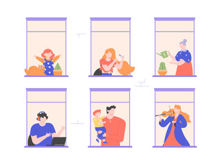 House building with people in open window spaces. People quarantine at home. Neighbors work, sit with children, water flowers, cut their hair, and play the violin. Vector flat illustration.