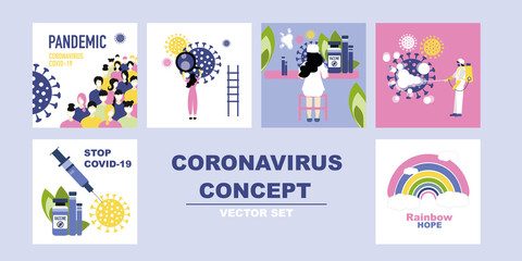 Coronavirus concept vector set, a fight between medics and scientists with coronavirus, people study, fight and eliminate the virus. Search for antivirus, researching of disease. Hope Rainbow