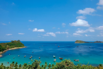 The beautiful tropical beach of Nam Du, the paradise island with the coast, white sand, clean water, boat, forest and blue sky. Nam Du island is a popular tourist destination in Kien Giang, Vietnam