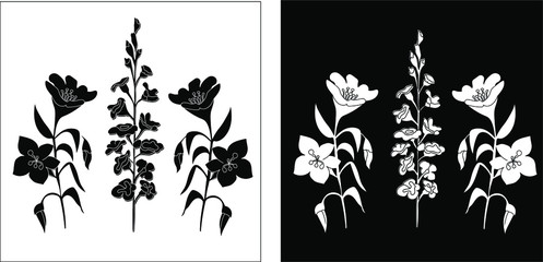 Fototapeta premium Set of cards with the silhouette of wildflowers. Botanical illustration. Variations with a black and white background and outline. For the design of postcards, stickers and other printing. Vector illu