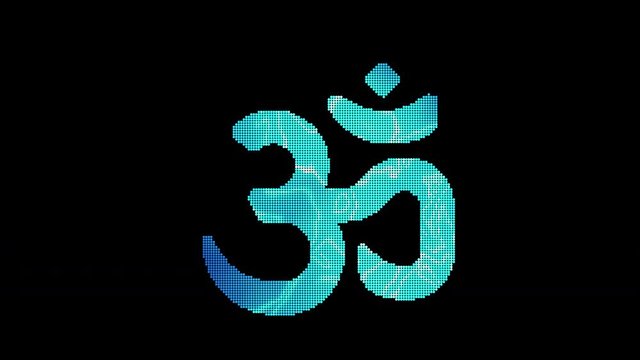 The symbol om is assembled from small balls. Then it shimmers with blue. It crumbles and disappears. In - Out loop. Alpha channel