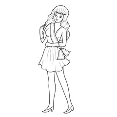 girl in a short evening dress stands with a flower in her hands, drawing in outline, isolated object on a white background,