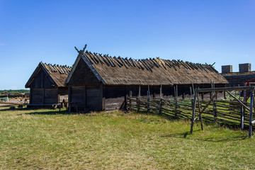 Fototapeta na wymiar Thatched huts in Eketorps borg, a viking village in Öland, Sweden