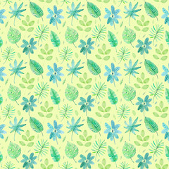 Watercolor seamless pattern with exotic leaves. Bright hand drawn tropical background