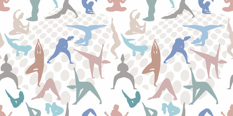 Yoga seamless pattern. International Yoga Day. Women do yoga position. Women silhouettes set. Vector illustration