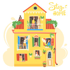 People are sitting at home on the balcony and look out of windows. Neighbors keep distance. Sign Stay home. People have a time with hobby. Quarantine during the coronavirus epidemic.