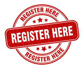 register here stamp. register here label. round grunge sign
