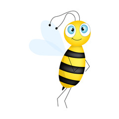 Cartoon cute bee mascot. A surprised bee flies. Small wasp. Vector character. Insect icon. Template design for invitation, cards, wallpaper, kindergarten. Doodle style.