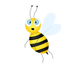 Cartoon cute bee mascot. A surprised bee flies. Small wasp. Vector character. Insect icon. Template design for invitation, cards, wallpaper, kindergarten. Doodle style.