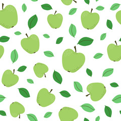 Green apples with leaves. Bright seamless pattern. Stock vector illustration. Colorful Isolated elements on white background. For creative design backdrops, banners, package, covers, prints, menus.
