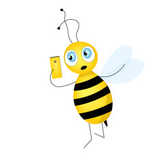 Cartoon cute bee mascot. A cheerful bee with yellow mobile phone. Small wasp. Vector character. Insect icon. Holiday template design for invitation, cards, school, kindergarten. Doodle style.