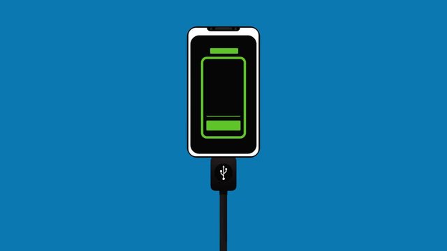 Charging Phone, Mobile battery power being recharged with Usb-type C Cable a common Mobile phone adapter Conceptual vector 4k animation clip
