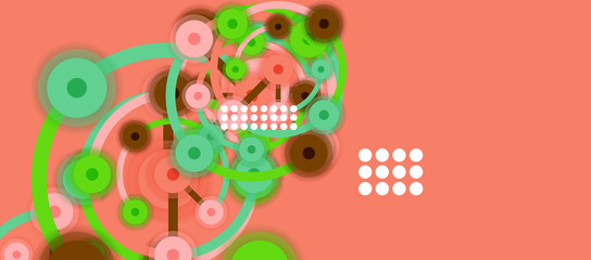 Flat style geometric abstract background, round dots or circle connections on color background. Technology network concept.