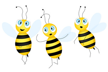 Set of cartoon cute bee mascot. A small bees flies. Wasp collection. Vector character. Insect icon. Template design for invitation, cards, wallpaper, kindergarten. Doodle style.