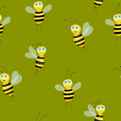 Seamless pattern with bees on green background. Small wasp. Flat vector illustration. Adorable cartoon character. Template design for invitation, cards, textile, fabric. Doodle style.