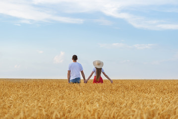 Young couple stands in wheat field and holding hands. Loving young couple outside
