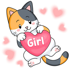 Cute calico kitten holding a pink heart