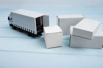 Delivery truck with mail box on blue background