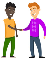 Fototapeta premium Men of different nationalities shake hands. Smiling characters in cartoon style.