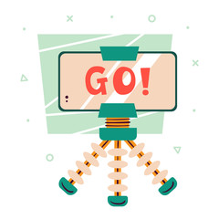 Go. Little cute green tripod and moile phone with video on the screen.Blogger attribute. Technologies. Elements. Flat colourful vector illustration, art isolated on white background.